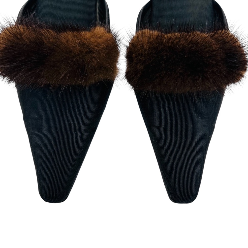 Olivia Rose Tal Black Wedge Mules with Brown Fur sz 9 Vintage - Picture 3 of 11